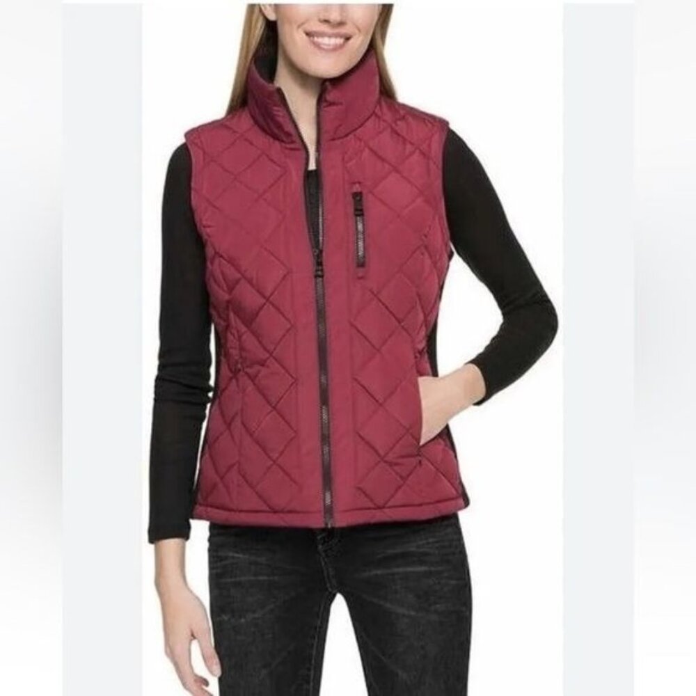Andrew Marc Womens Quilted Burgundy Zip-Up Vest M Polyester & Spandex